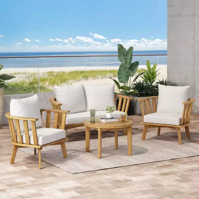 Set da conversazione da esterno Solano 5 pezzi in legno con tavolino rotondo - Bianco/Teak - Christopher Knight Home: Legno di acacia, resistente a raggi UV e acqua