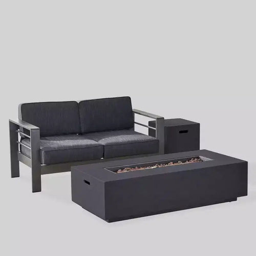 Cape Coral 3pc Aluminum and Rectangular MGO Fire Table Set - Gray - Christopher Knight Home: Outdoor Chat Set with Propane Firepit