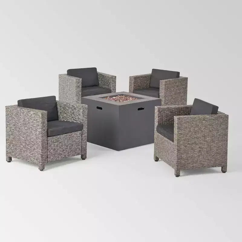 Set Maxwell da 5 pezzi con poltrone da club in vimini e braciere quadrato - Nero misto/Grigio scuro - Christopher Knight Home: Resistente alle intemperie, Struttura in ferro