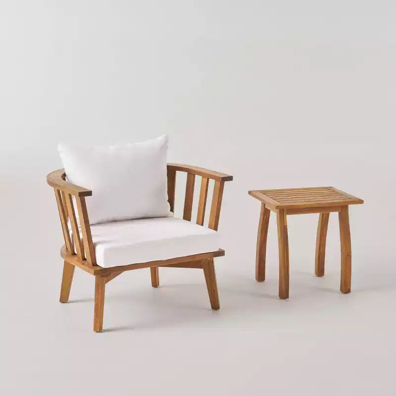 Barton 2pc Acacia Wood Club Chair & Table Set - Teak/White - Christopher Knight Home: Outdoor Lounge Set with Cushions