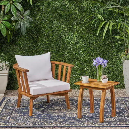Barton Set 2 Pezzi Sedia Club e Tavolino in Legno di Acacia – Teak/Bianco – Christopher Knight Home: Set Lounge da Esterno con Cuscini