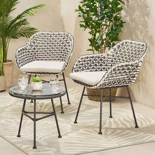 Set da 3 pezzi Beulah per patio in vimini: Christopher Knight Home, design in rattan, tavolo in vetro temperato