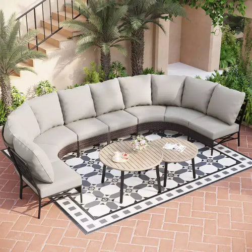 Captiva Designs 8-Seat Half-Moon Curved Outdoor Patio Conversation Set with Coffee Tables