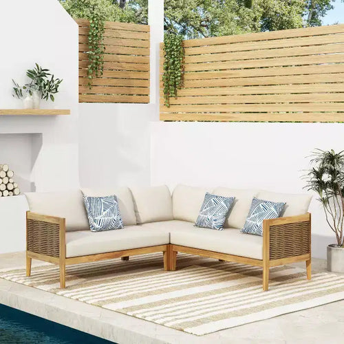 Christopher Knight Home Bruce Set Divano Sezionale da Esterno a 5 Posti in Acacia e Vimini con Cuscini, 3 Pezzi