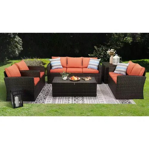 6pc Wicker Outdoor Conversation Set - Orange - EDYO LIVING: Weather-Resistant Rattan Patio Seating, Removable Cushions