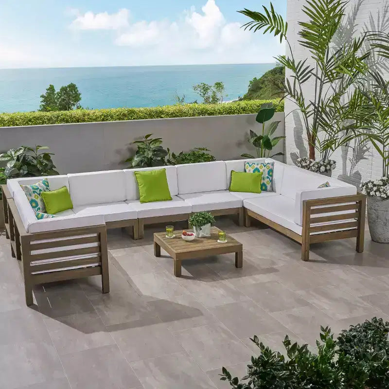 GDFStudio Cascada, set divano sezionale a 9 posti per esterni in legno di acacia con cuscini