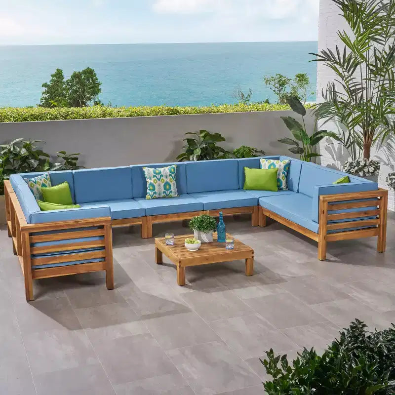 GDFStudio Cascada, set divano sezionale a 9 posti per esterni in legno di acacia con cuscini