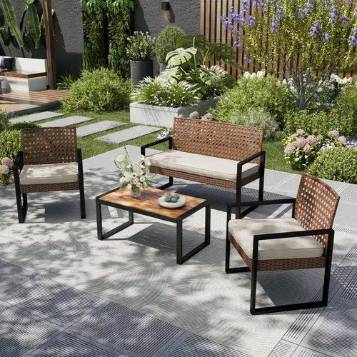 Captiva Designs Set da 4 Pezzi per Esterni, Salottino da Conversazione con Cuscini in Rattan Wicker, Poltrone e Tavolino da Caffè