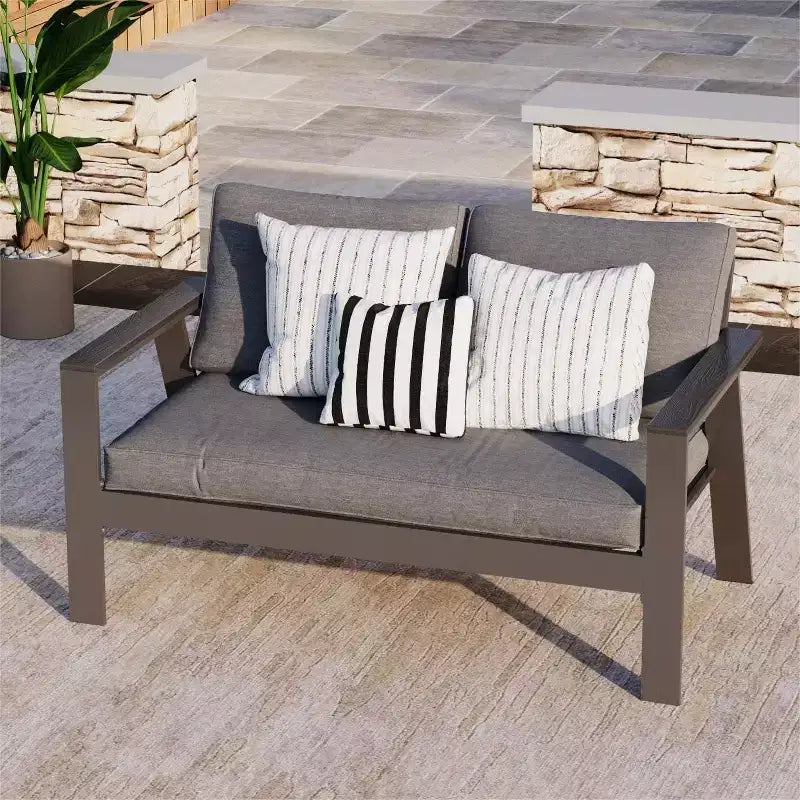 Heynemo Set di Mobili da Esterno per Patio a 2 Posti in Alluminio con Divanetto e Legno Finto, Divano Poltrona da Conversazione in Alluminio con Cuscini