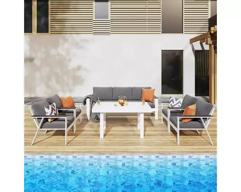 Heynemo Set di Mobili da Esterno per Patio a 2 Posti in Alluminio con Divanetto e Legno Finto, Divano Poltrona da Conversazione in Alluminio con Cuscini