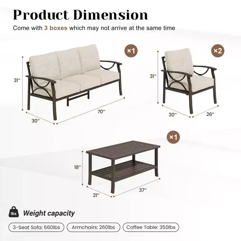 Set di mobili da giardino Heynemo per esterni, set da conversazione da patio in 4 pezzi con tavolino da caffè, set di mobili in metallo per portico, cortile, giardino, grigio