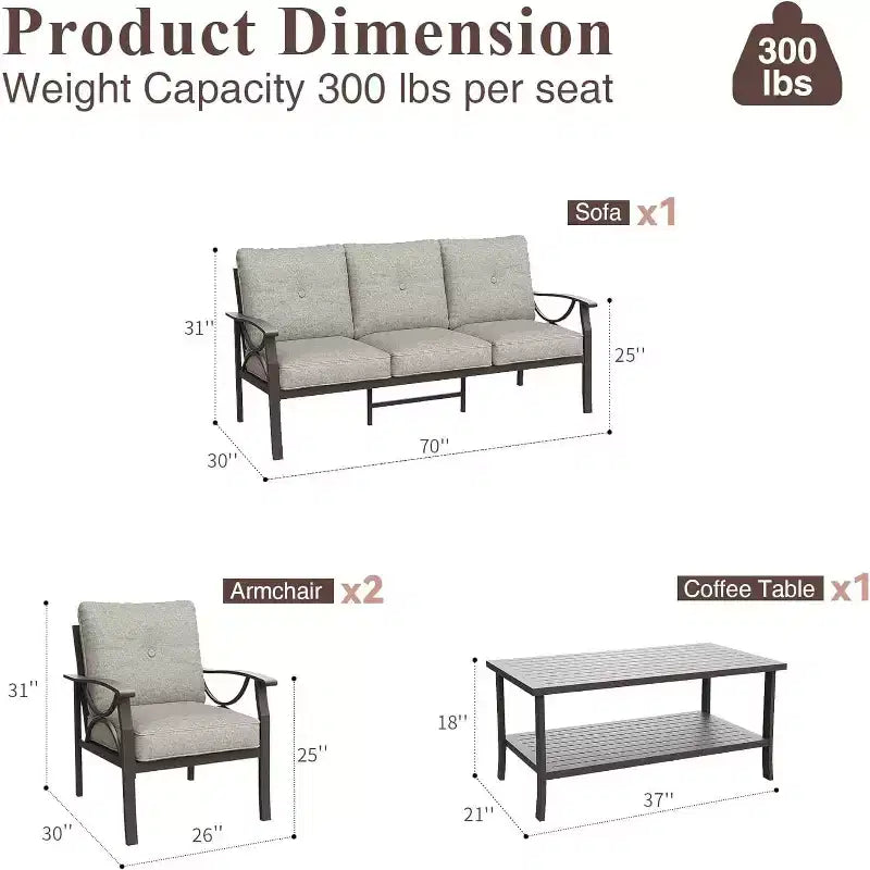 Set di mobili da giardino Heynemo per esterni, set da conversazione da patio in 4 pezzi con tavolino da caffè, set di mobili in metallo per portico, cortile, giardino, grigio