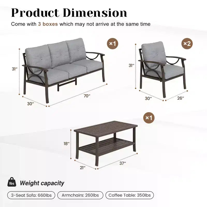 Set di mobili da giardino Heynemo per esterni, set da conversazione da patio in 4 pezzi con tavolino da caffè, set di mobili in metallo per portico, cortile, giardino, grigio