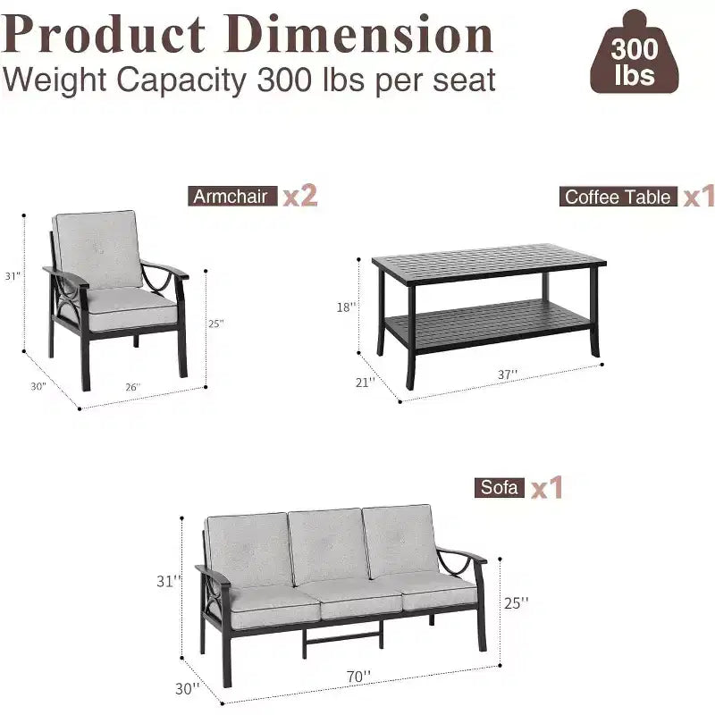 Set di mobili da giardino Heynemo per esterni, set da conversazione da patio in 4 pezzi con tavolino da caffè, set di mobili in metallo per portico, cortile, giardino, grigio