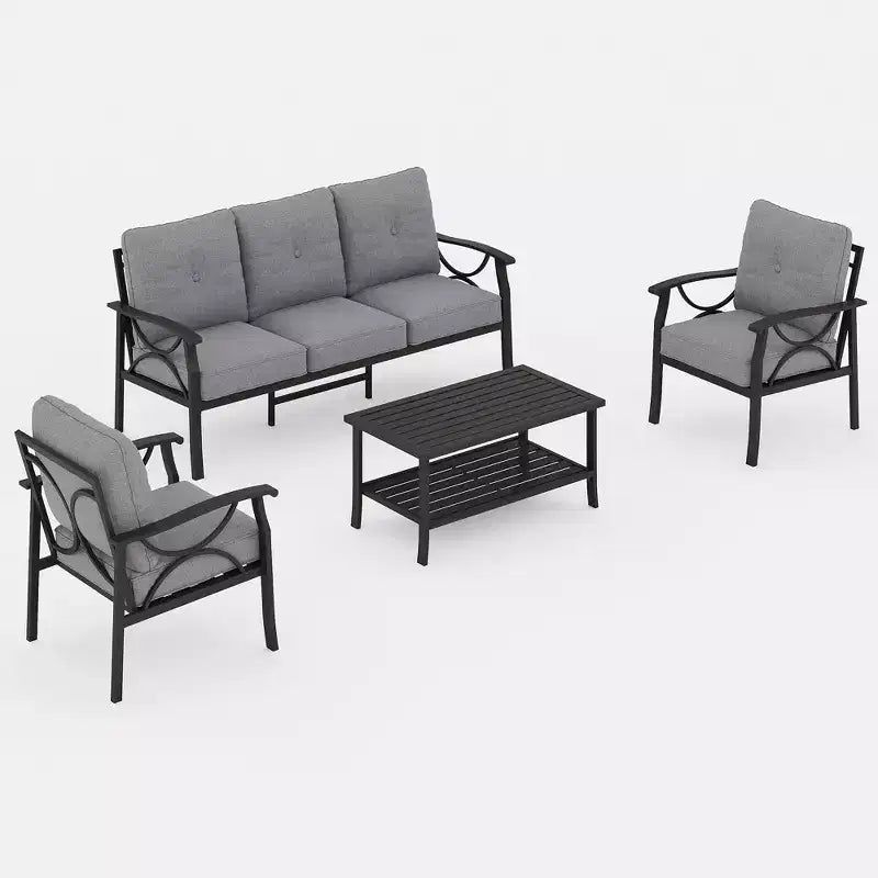 Set di mobili da giardino Heynemo per esterni, set da conversazione da patio in 4 pezzi con tavolino da caffè, set di mobili in metallo per portico, cortile, giardino, grigio