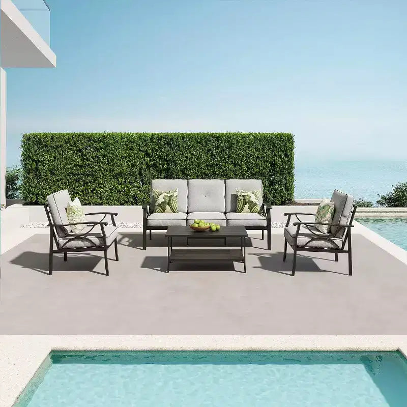 Set di mobili da giardino Heynemo per esterni, set da conversazione da patio in 4 pezzi con tavolino da caffè, set di mobili in metallo per portico, cortile, giardino, grigio