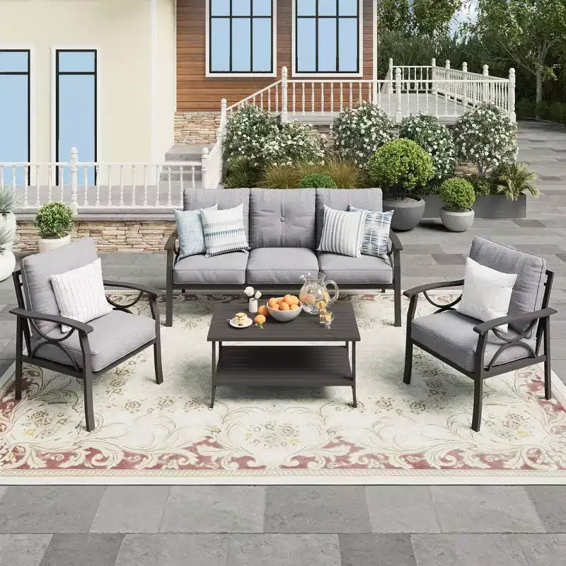 Set di mobili da giardino Heynemo per esterni, set da conversazione da patio in 4 pezzi con tavolino da caffè, set di mobili in metallo per portico, cortile, giardino, grigio
