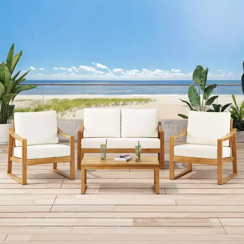 Christopher Knight Home Samwell - Set da salotto da esterno a 4 posti in legno di acacia con cuscini resistenti all'acqua