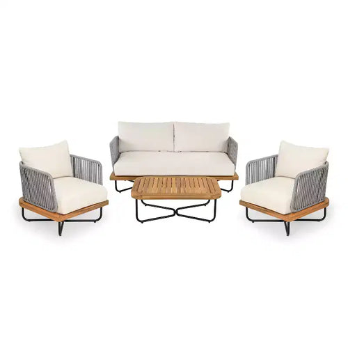 Set di Sedute Imbottite da Esterno Christopher Knight Home Galen a 4 Pezzi in Corda Intrecciata, Acacia e Struttura in Ferro