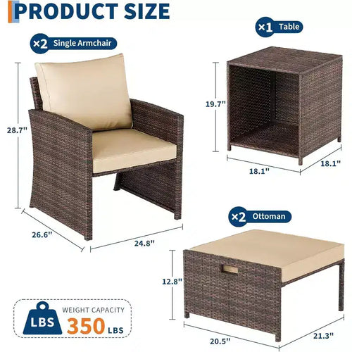 Acekool Set da Esterno 5 Pezzi, Balcone, Patio, Poltrone in Rattan Marrone con Cuscini Morbidi, 2 Pouf Nascosti e Tavolo Contenitore in Vetro per Portico, Prato, Terrazza