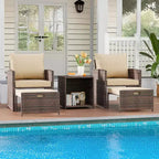 Acekool Set da Esterno 5 Pezzi, Balcone, Patio, Poltrone in Rattan Marrone con Cuscini Morbidi, 2 Pouf Nascosti e Tavolo Contenitore in Vetro per Portico, Prato, Terrazza