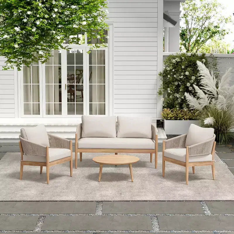 Christopher Knight Home Zill - Set moderno da 4 pezzi con sedute in legno di acacia e corda intrecciata per patio, con tavolino da caffè a doghe