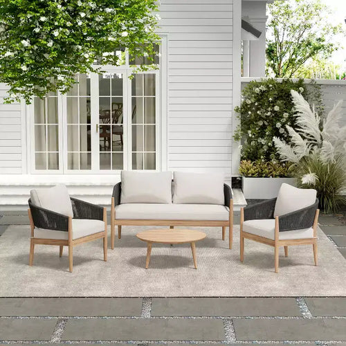 Christopher Knight Home Zill - Set moderno da 4 pezzi con sedute in legno di acacia e corda intrecciata per patio, con tavolino da caffè a doghe