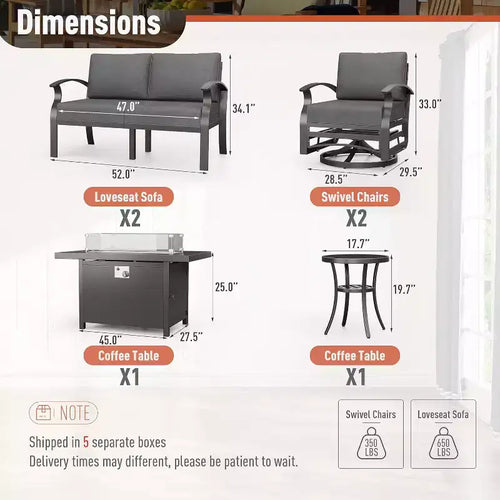 ALAULM Aluminum Patio Furniture Set 6-Seat Modern Metal Outdoor Conversation Sets w/45in Propane Fire Pit Table, Swivel Rocking Chairs