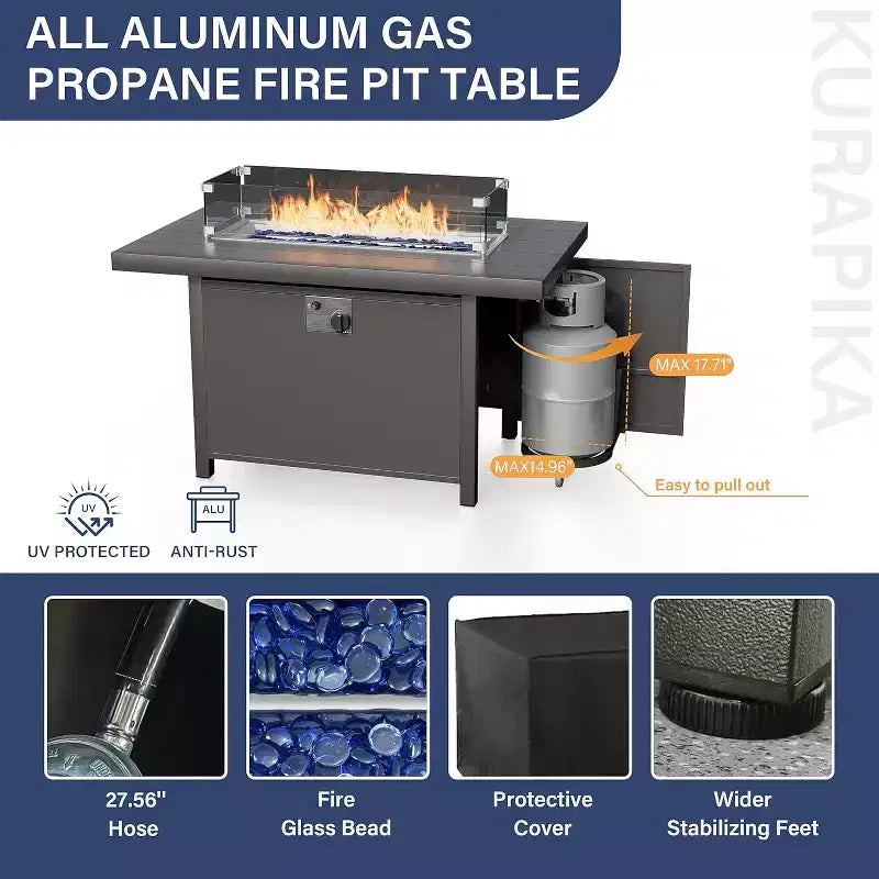 ALAULM Aluminum Patio Furniture Set 6-Seat Modern Metal Outdoor Conversation Sets w/45in Propane Fire Pit Table, Swivel Rocking Chairs