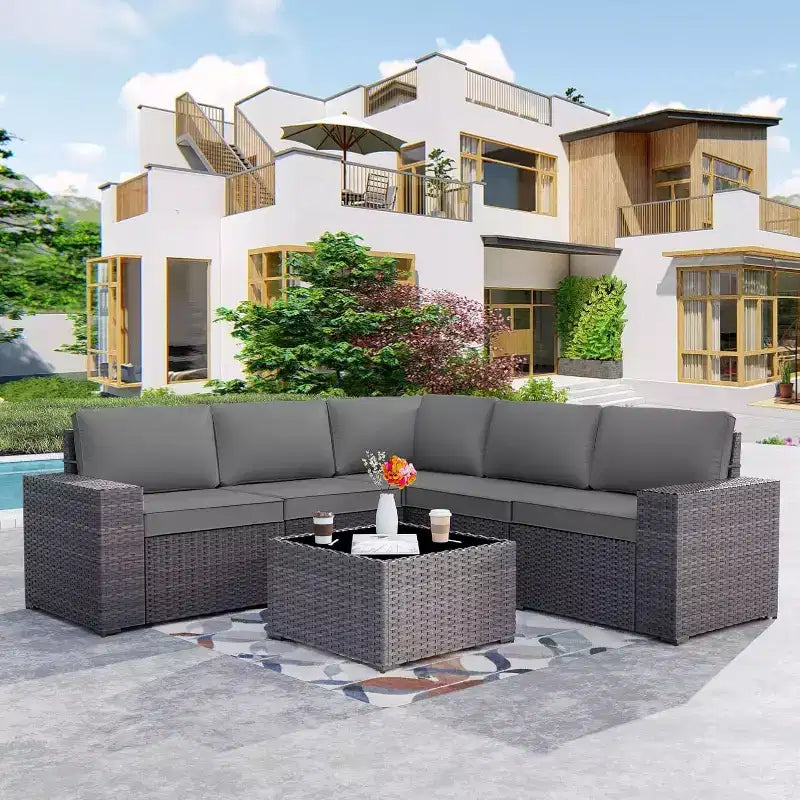 ALAULM 9 Pieces Patio Furniture Set, Rattan Wicker Sofa Set, Outdoor Conversation Sets w/Swivel Rocking Chairs Sectional Sofa