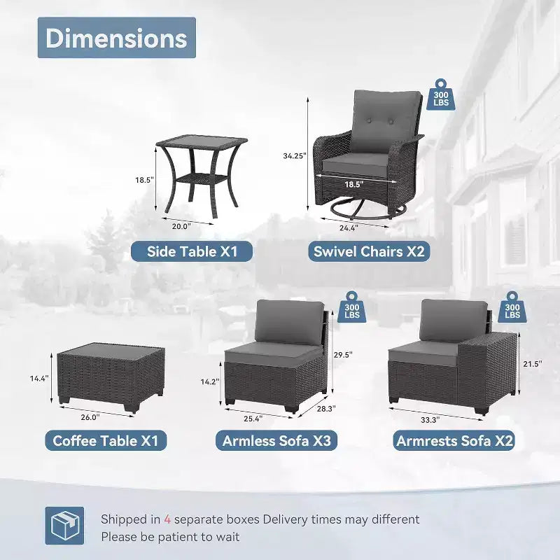 ALAULM 9 Pieces Patio Furniture Set, Rattan Wicker Sofa Set, Outdoor Conversation Sets w/Swivel Rocking Chairs Sectional Sofa