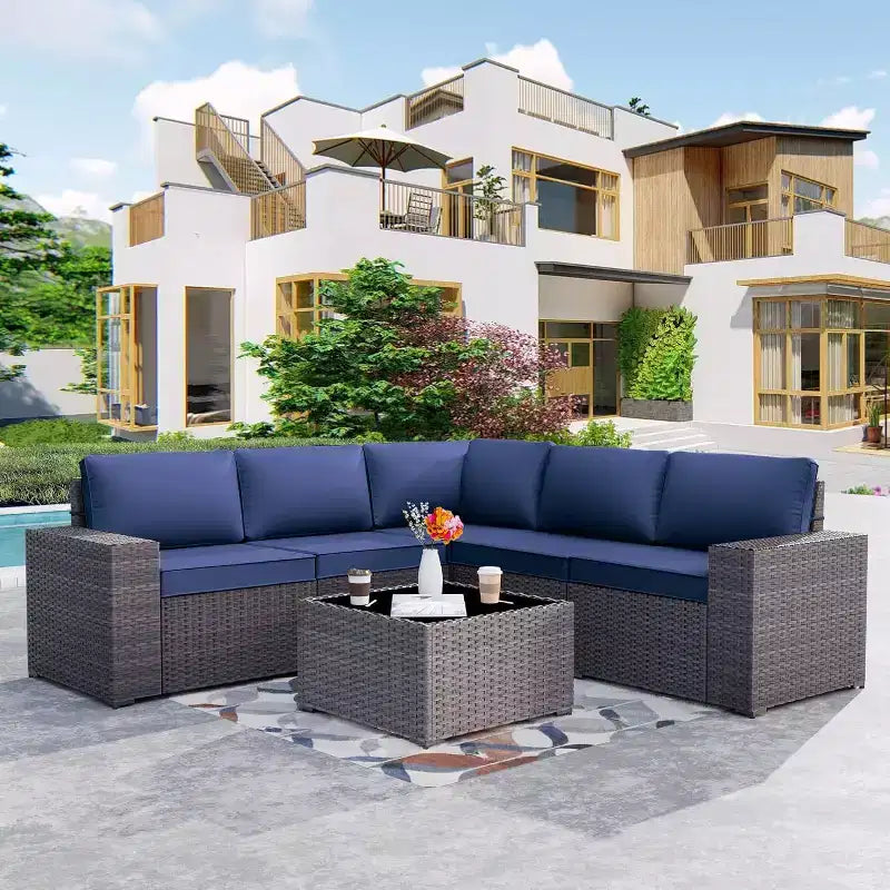 ALAULM 9 Pieces Patio Furniture Set, Rattan Wicker Sofa Set, Outdoor Conversation Sets w/Swivel Rocking Chairs Sectional Sofa