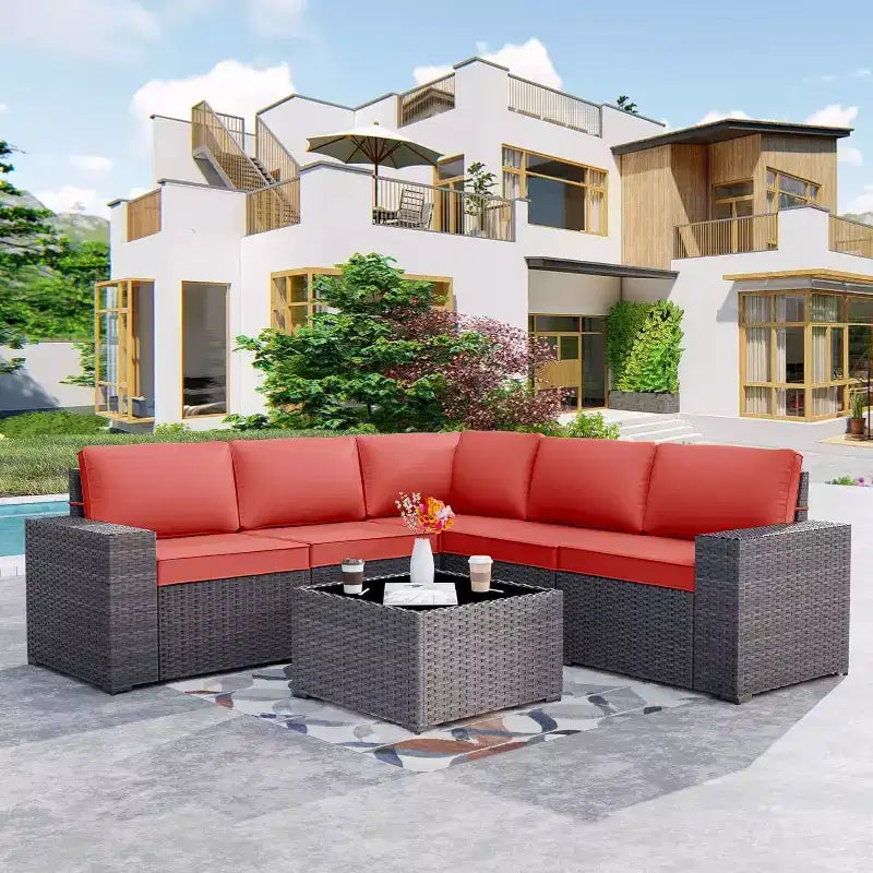 ALAULM 9 Pieces Patio Furniture Set, Rattan Wicker Sofa Set, Outdoor Conversation Sets w/Swivel Rocking Chairs Sectional Sofa