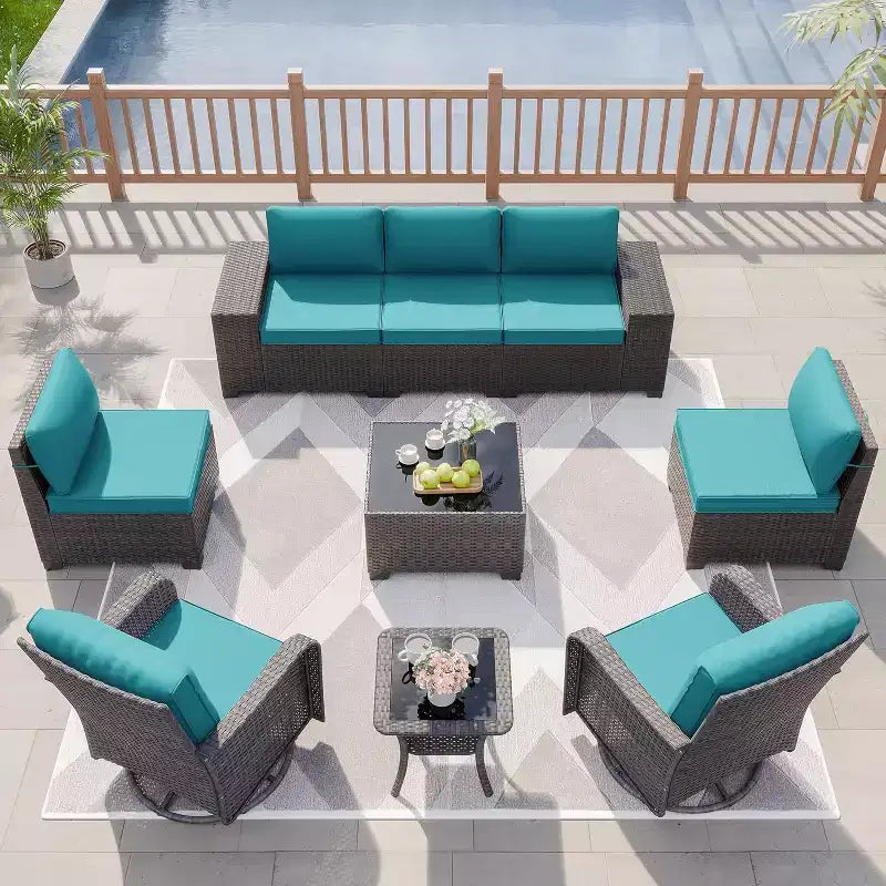 ALAULM 9 Pieces Patio Furniture Set, Rattan Wicker Sofa Set, Outdoor Conversation Sets w/Swivel Rocking Chairs Sectional Sofa