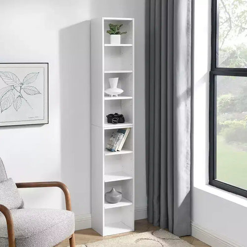 MAYEERTY 8 TierMedia Tower Rack Tall Narrow Bookcase Display Bookshelf with Adjustable Shelves for Home Living Room White