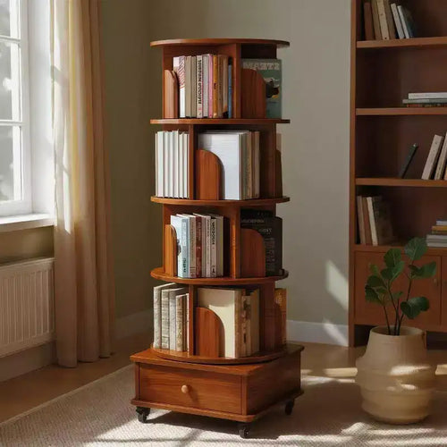MAYEERTY 360 Display 5 Tier Corner Bookshelf with Drawer for Small Space Floor Standing Bookcase Storage Rack for Living Room White