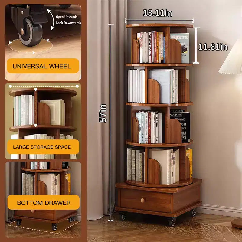 Libreria angolare girevole a 5 ripiani con cassetto