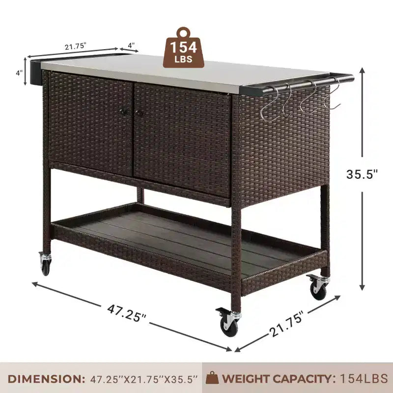 Carrello da bar per esterni con piano in acciaio inossidabile