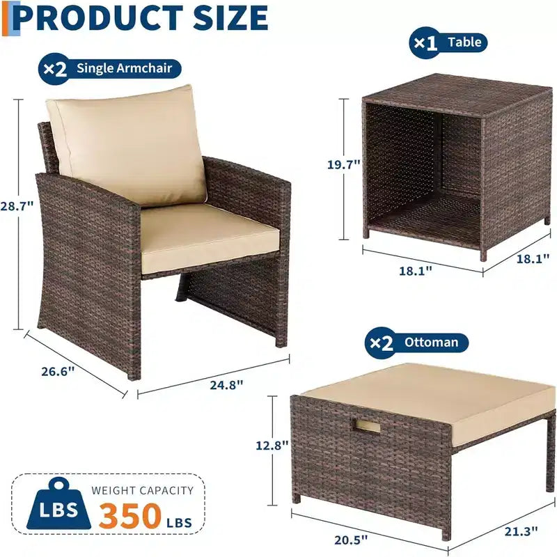 Gustowave 5-Piece Patio Lounge Chair Set With 2 Footstools And Table With Cushions For Balcony, Porch, Garden, And Poolside Lounging
