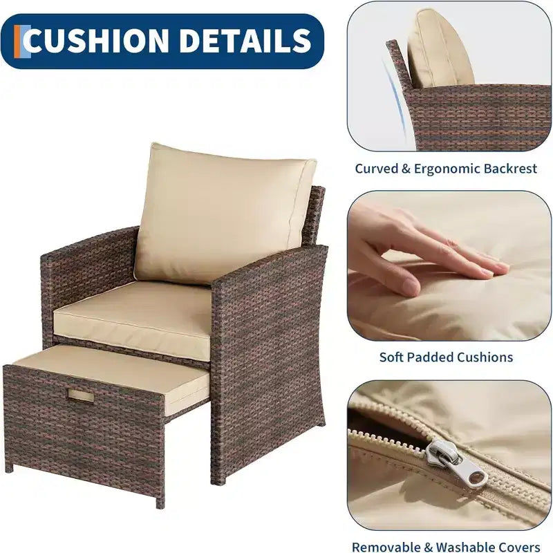 Gustowave 5-Piece Patio Lounge Chair Set With 2 Footstools And Table With Cushions For Balcony, Porch, Garden, And Poolside Lounging