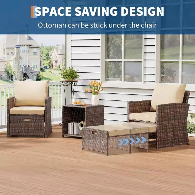 Gustowave 5-Piece Patio Lounge Chair Set With 2 Footstools And Table With Cushions For Balcony, Porch, Garden, And Poolside Lounging