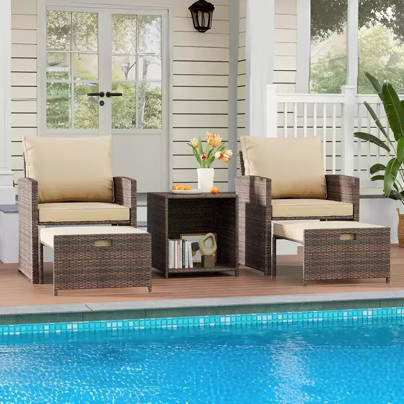 Gustowave 5-Piece Patio Lounge Chair Set With 2 Footstools And Table With Cushions For Balcony, Porch, Garden, And Poolside Lounging
