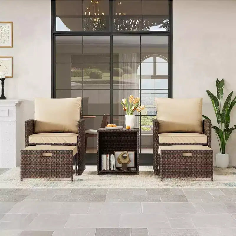 Gustowave 5-Piece Patio Lounge Chair Set With 2 Footstools And Table With Cushions For Balcony, Porch, Garden, And Poolside Lounging