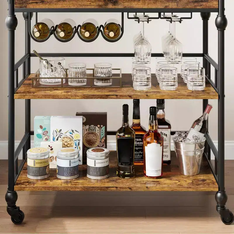Carrello Bar da Cucina a 3 Livelli con Portabottiglie e Vassoio Rimovibile