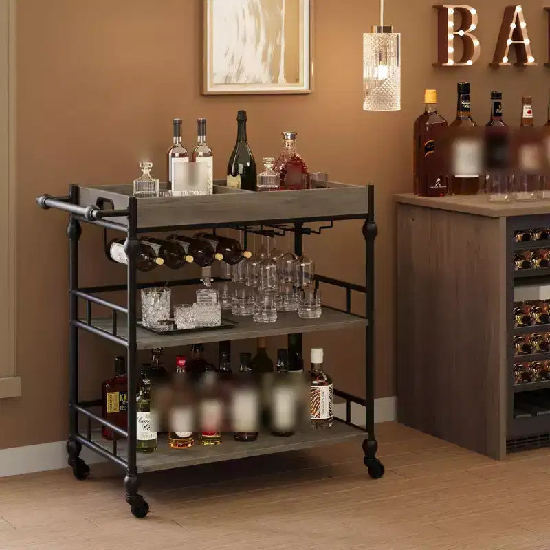 3 Tier Rolling Bar Cart with Wine Rack, Mobile Serving Cart with Wheels & Removable Tray, Liquor Beverage Cart,Microwave Drink Cart, Brown