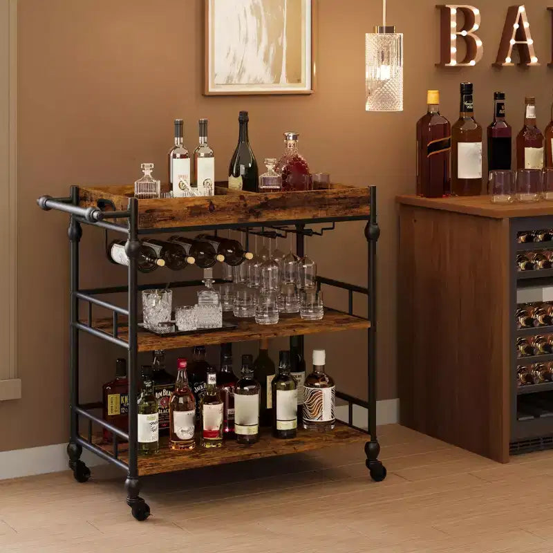 Carrello Bar da Cucina a 3 Livelli con Portabottiglie e Vassoio Rimovibile