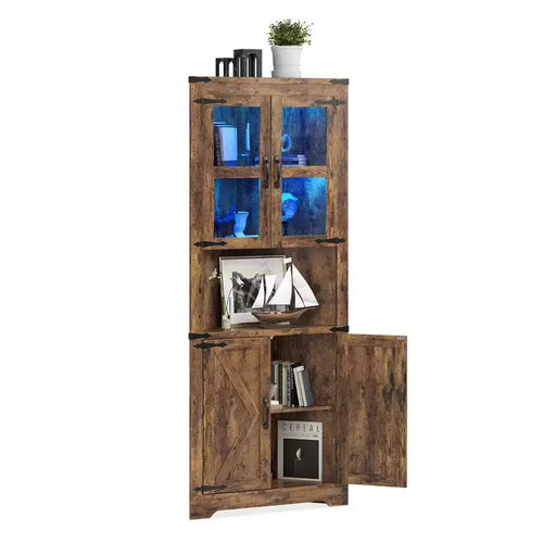 67 Tall Corner Storage Cabinet with Lights, Farmhouse Corner Hutch Display Cabinet with Glass Doors, Wooden Storage Organizer for Living Room