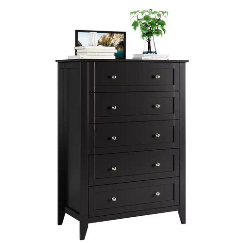 5 Drawer Dresser for Bedroom, Black Tall Wooden Dresser with Deep Storage Drawers & Metal Knobs, Modern Chest of Drawers for Bedroom, Entryway