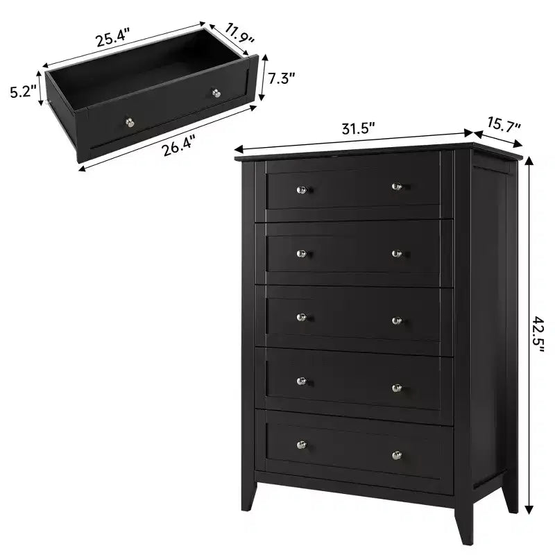 Comò a 5 cassetti – MDF nero con pomelli in metallo