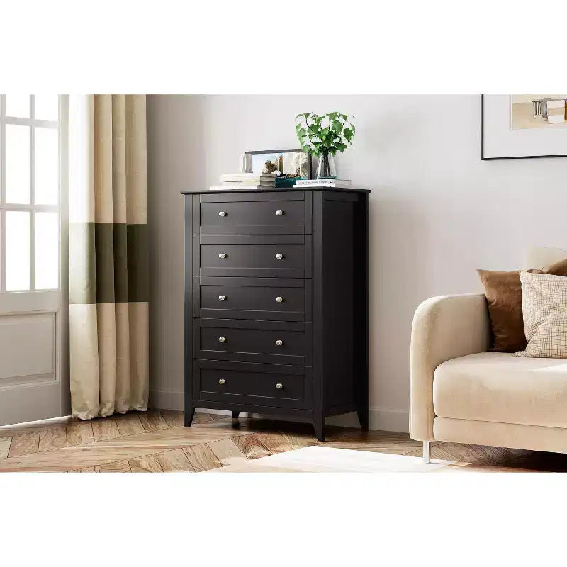 Comò a 5 cassetti – MDF nero con pomelli in metallo
